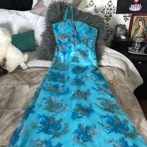 Blue one shoulder embroidered long prom dress